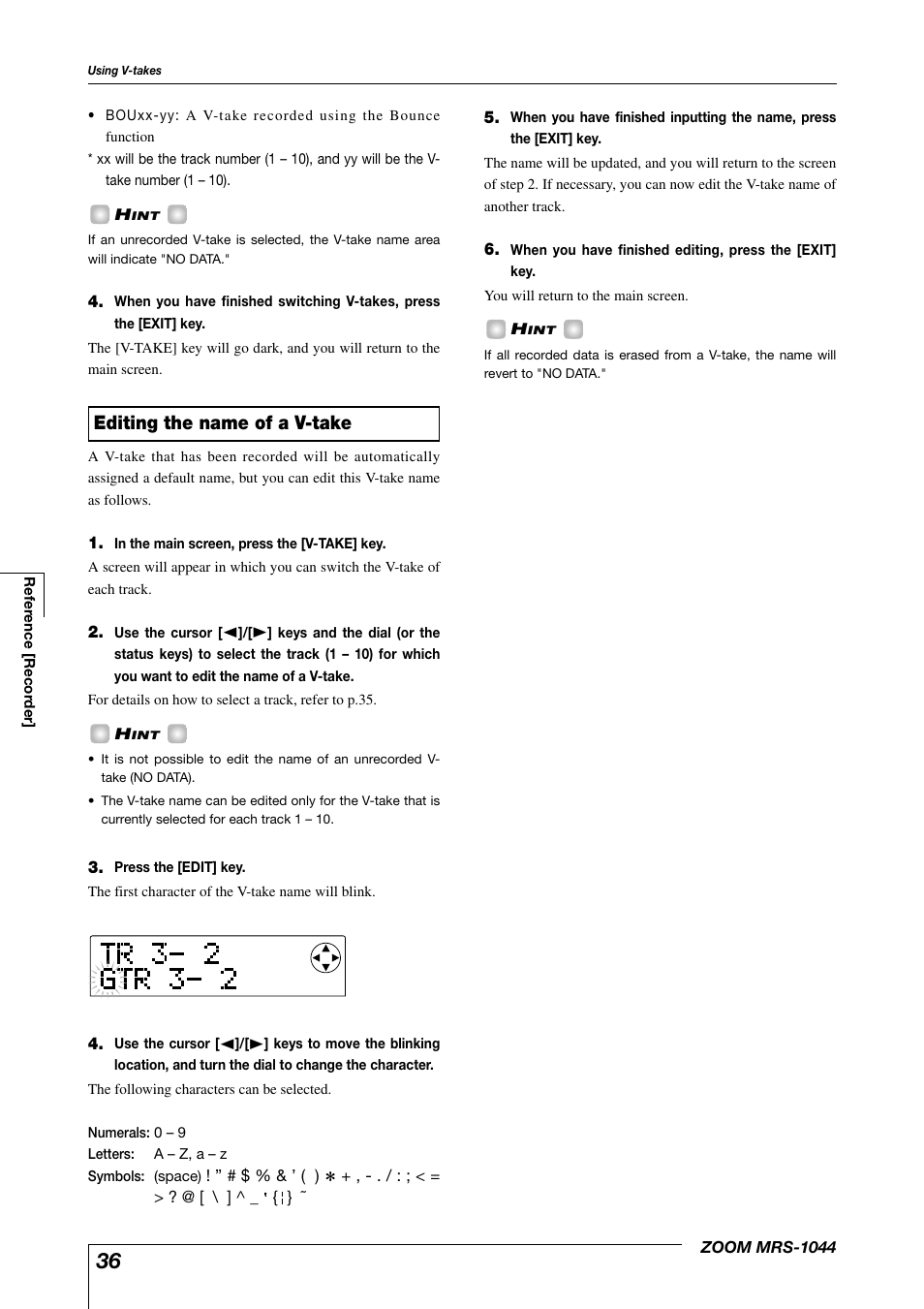 Editing the name of a v-take | Zoom MRS-1044 User Manual | Page 36 / 120