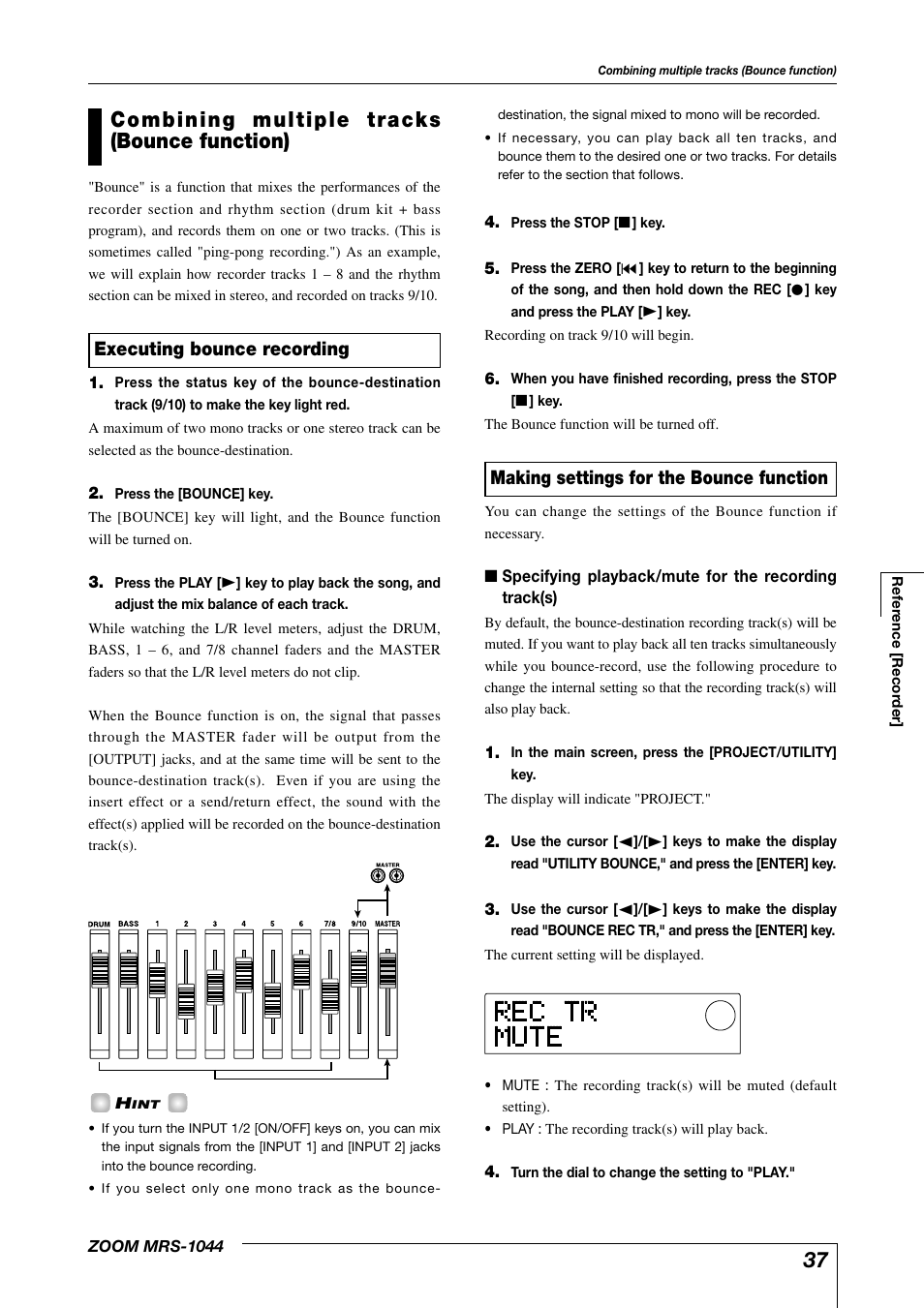 Making settings for the bounce function, Executing bounce recording | Zoom MRS-1044 User Manual | Page 37 / 120