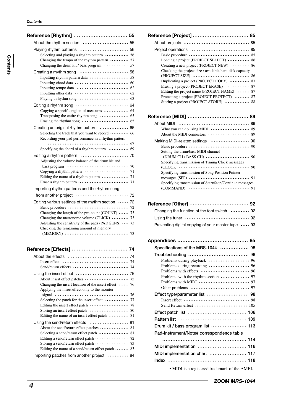 Reference [rhythm, Reference [effects, Reference [project | Reference [midi, Reference [other, Appendices, Zoom mrs-1044, Specifications of the mrs-1044, 95 troubleshooting, Effect type/parameter list | Zoom MRS-1044 User Manual | Page 4 / 120