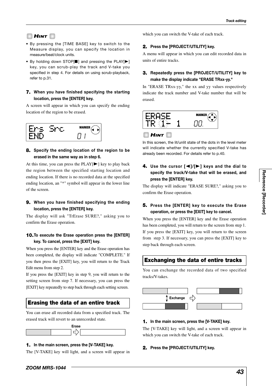 Exchanging the data of entire tracks, Erasing the data of an entire track | Zoom MRS-1044 User Manual | Page 43 / 120