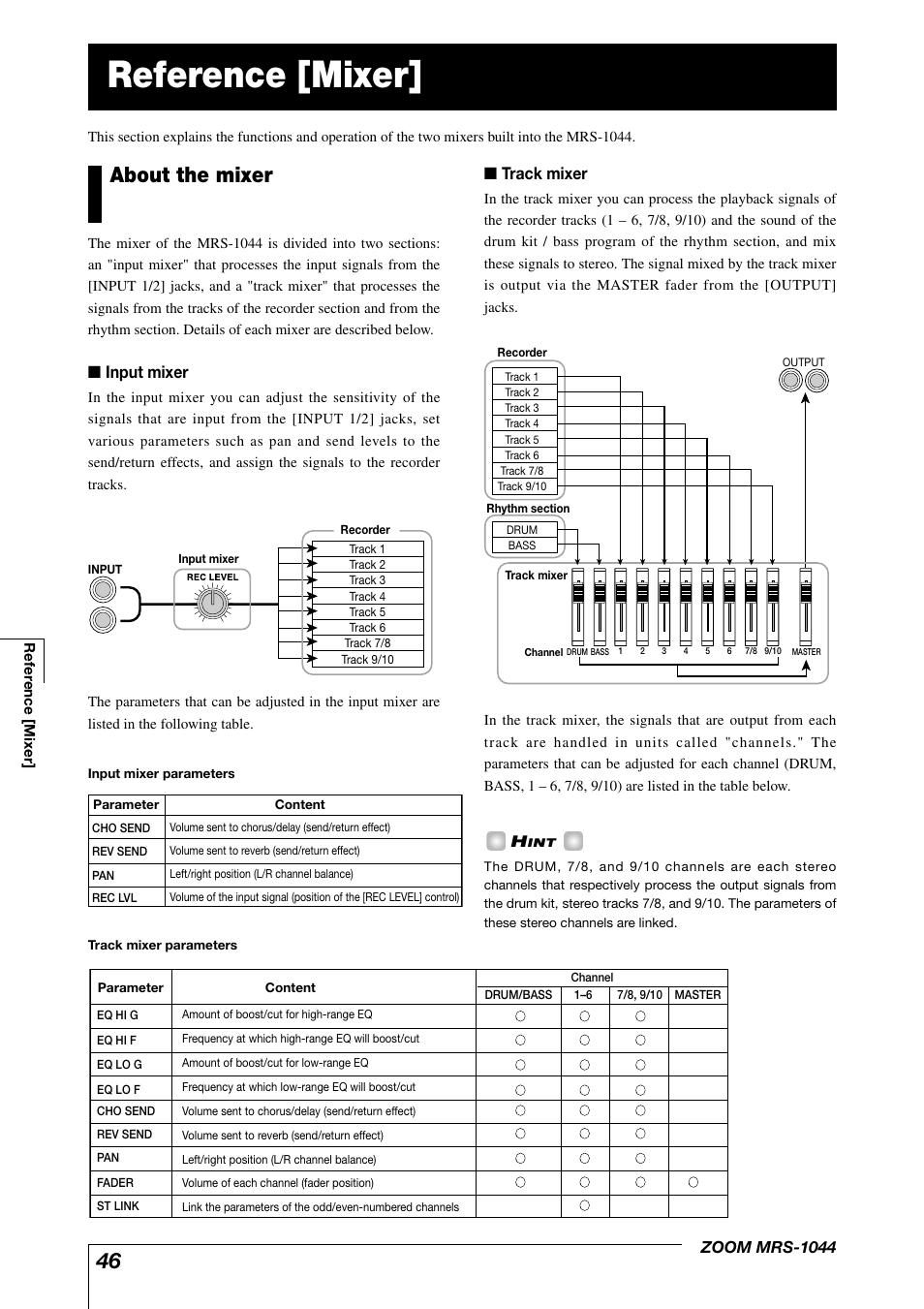 Reference [mixer, About the mixer, Input mixer | Track mixer | Zoom MRS-1044 User Manual | Page 46 / 120