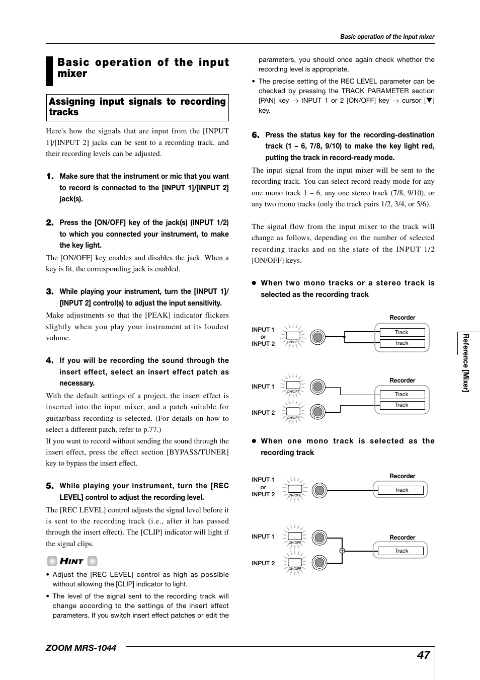 Basic operation of the input mixer, Assigning input signals to recording tracks | Zoom MRS-1044 User Manual | Page 47 / 120