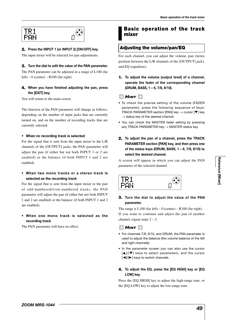 Basic operation of the track mixer, Adjusting the volume/pan/eq | Zoom MRS-1044 User Manual | Page 49 / 120