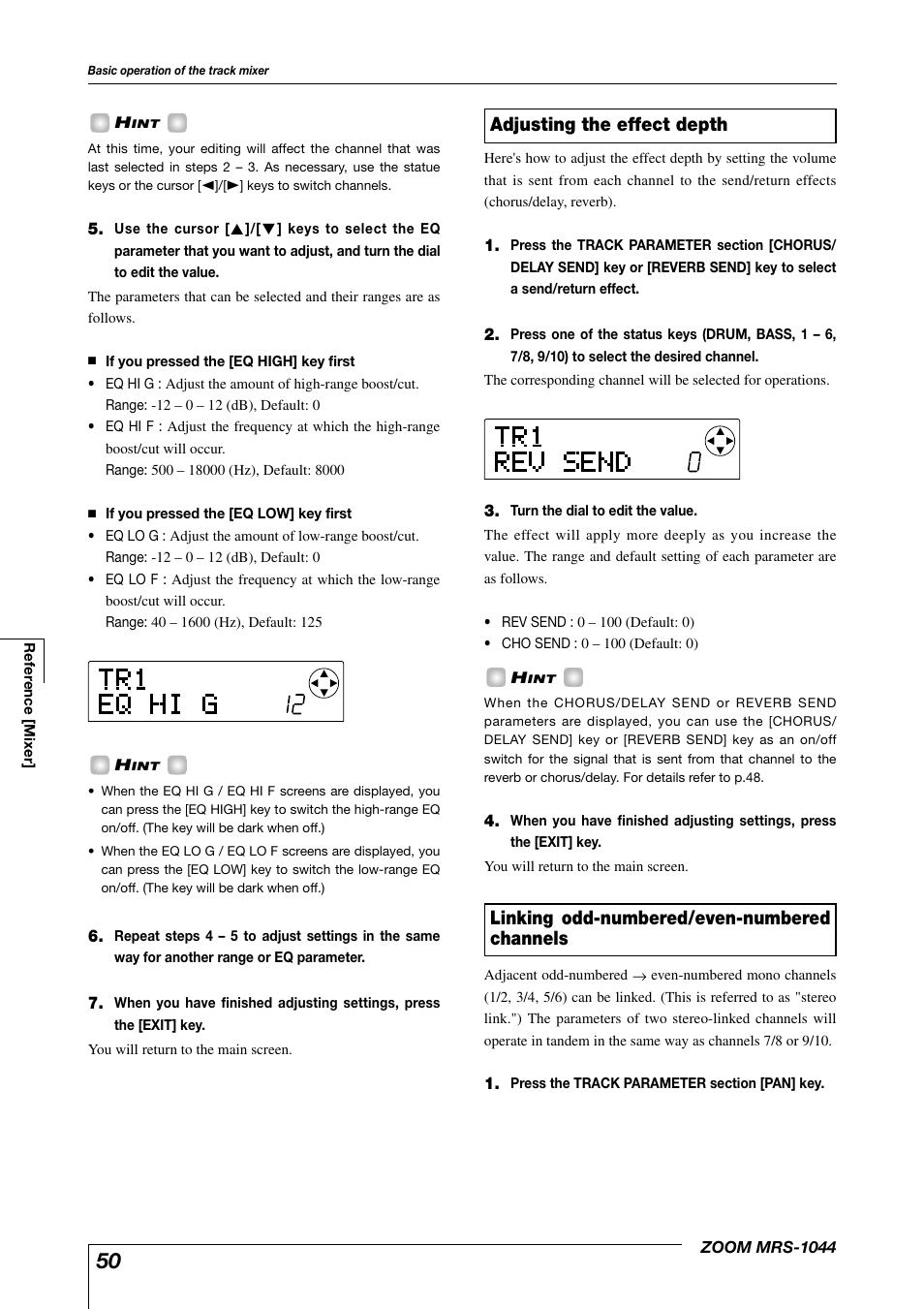 Linking odd-numbered/even-numbered channels, Adjusting the effect depth | Zoom MRS-1044 User Manual | Page 50 / 120
