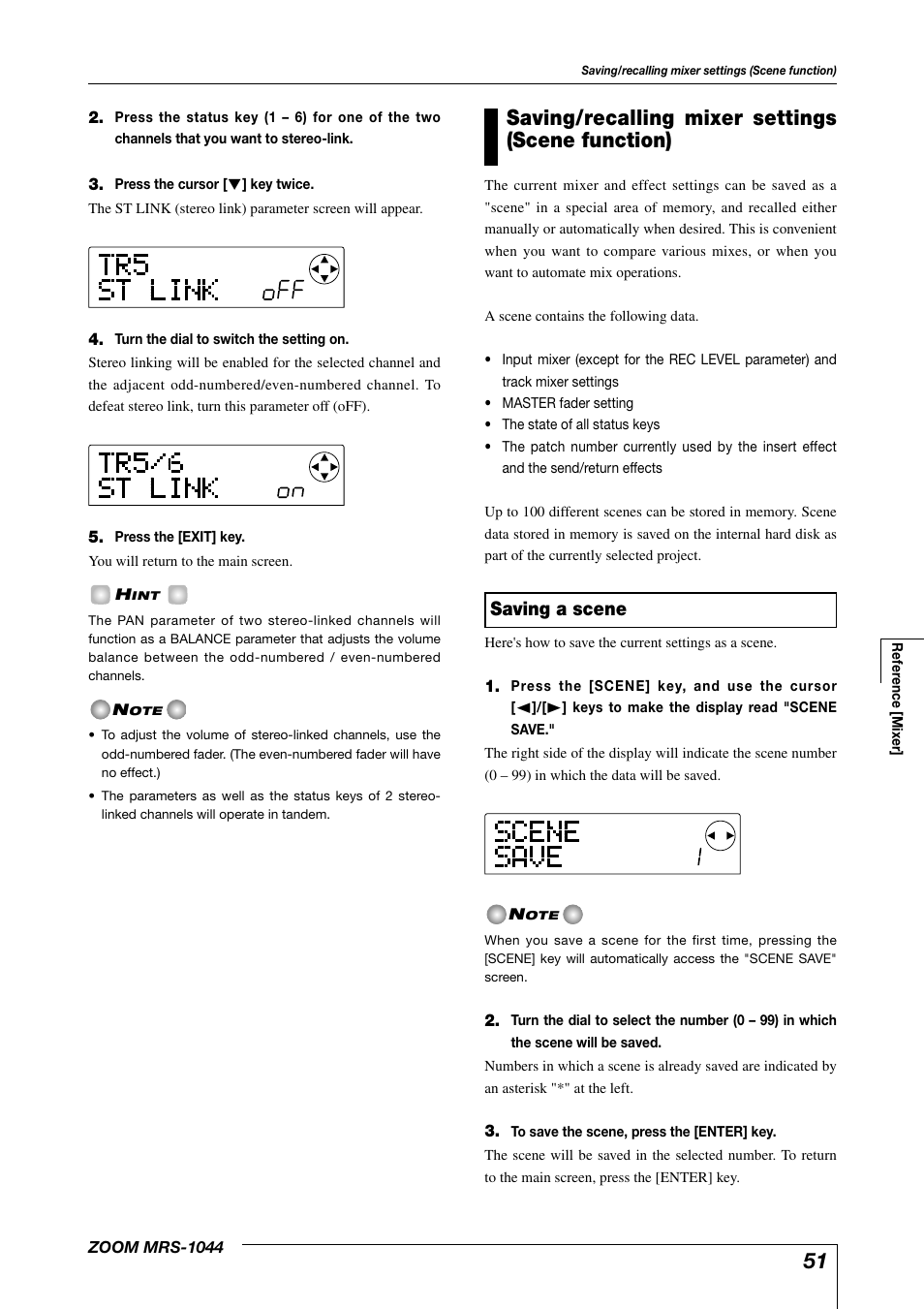Saving/recalling mixer settings (scene function), Saving a scene | Zoom MRS-1044 User Manual | Page 51 / 120