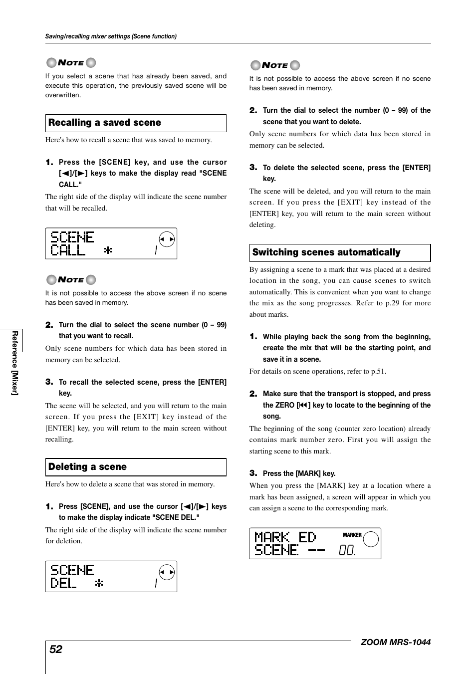 Switching scenes automatically, Deleting a scene, Recalling a saved scene | Zoom MRS-1044 User Manual | Page 52 / 120