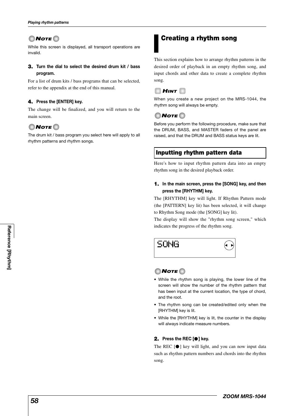 Creating a rhythm song, Inputting rhythm pattern data | Zoom MRS-1044 User Manual | Page 58 / 120