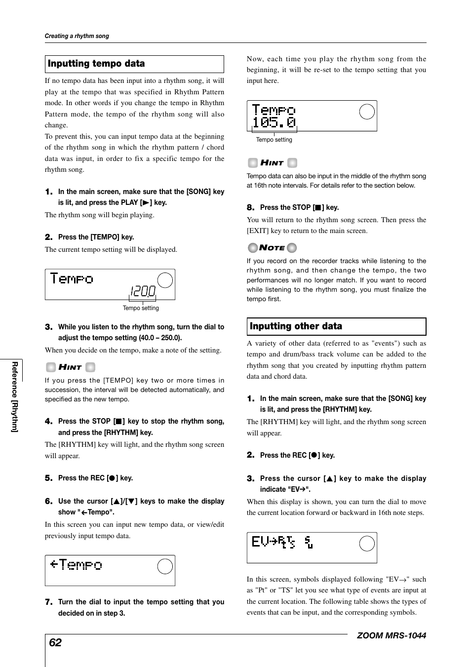 Inputting other data, Inputting tempo data | Zoom MRS-1044 User Manual | Page 62 / 120