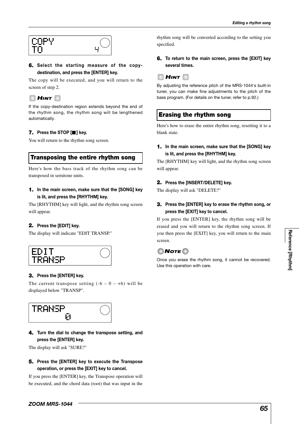 Erasing the rhythm song, Transposing the entire rhythm song | Zoom MRS-1044 User Manual | Page 65 / 120