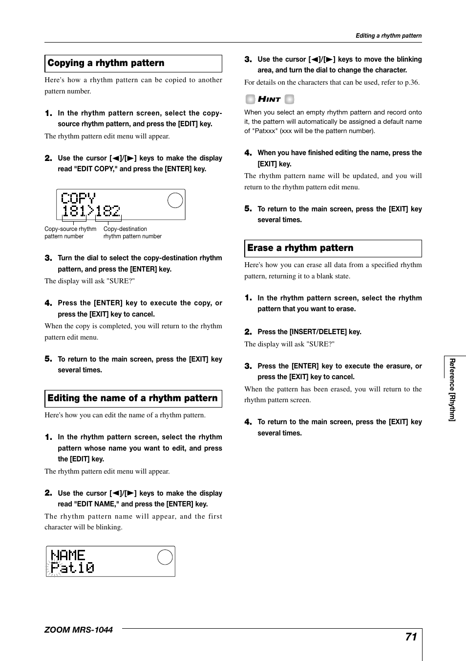Erase a rhythm pattern, Editing the name of a rhythm pattern, Copying a rhythm pattern | Zoom MRS-1044 User Manual | Page 71 / 120