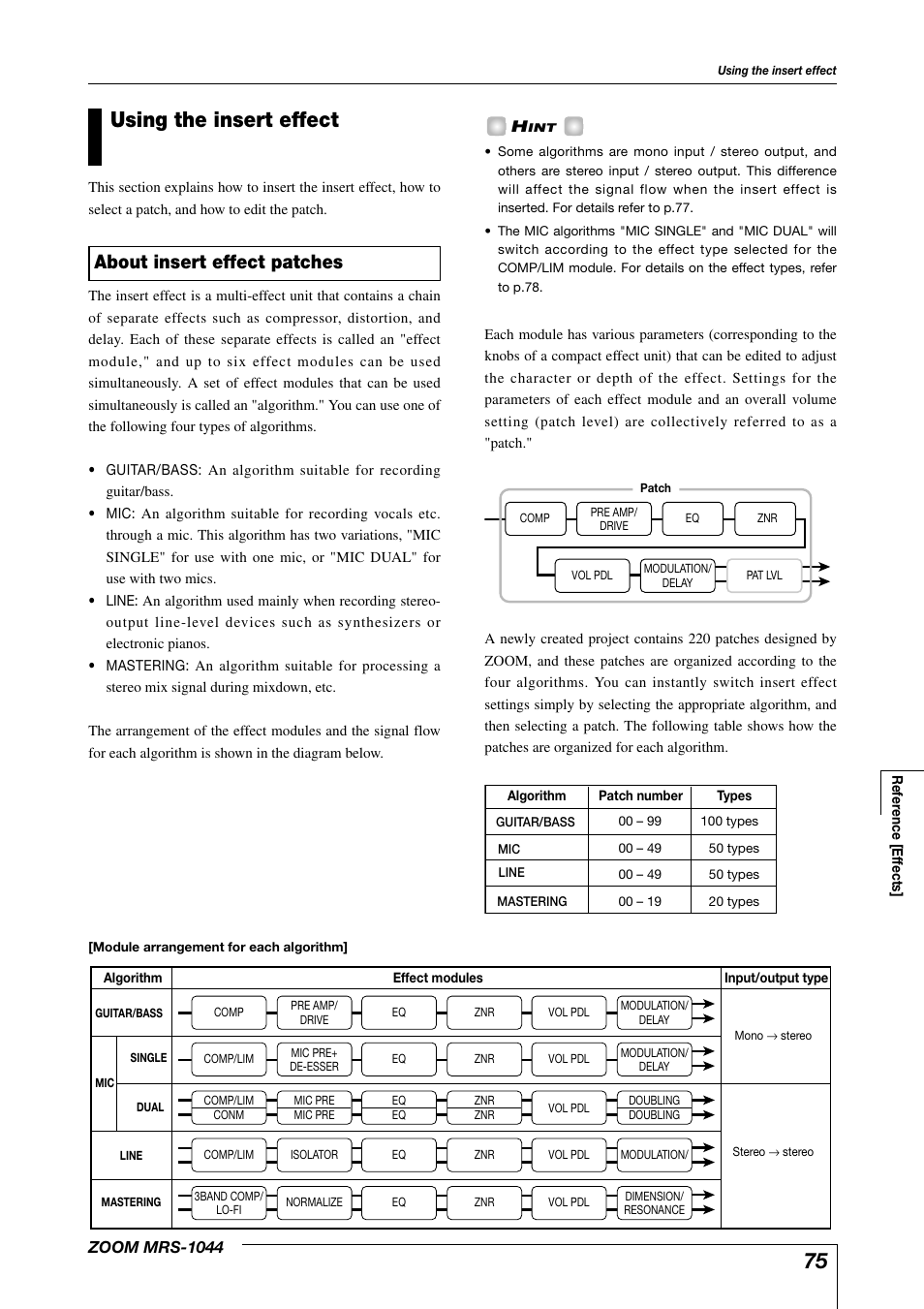 Using the insert effect, About insert effect patches | Zoom MRS-1044 User Manual | Page 75 / 120