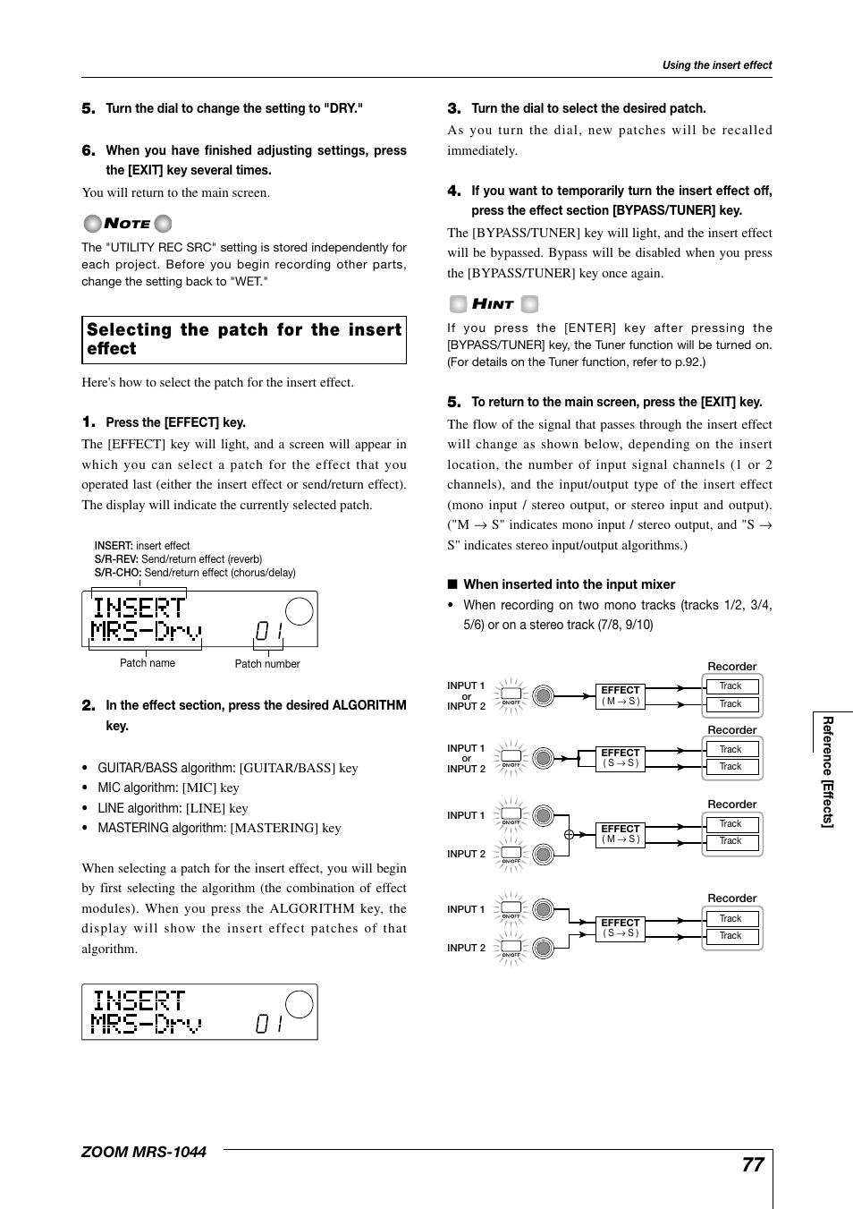 Selecting the patch for the insert effect | Zoom MRS-1044 User Manual | Page 77 / 120