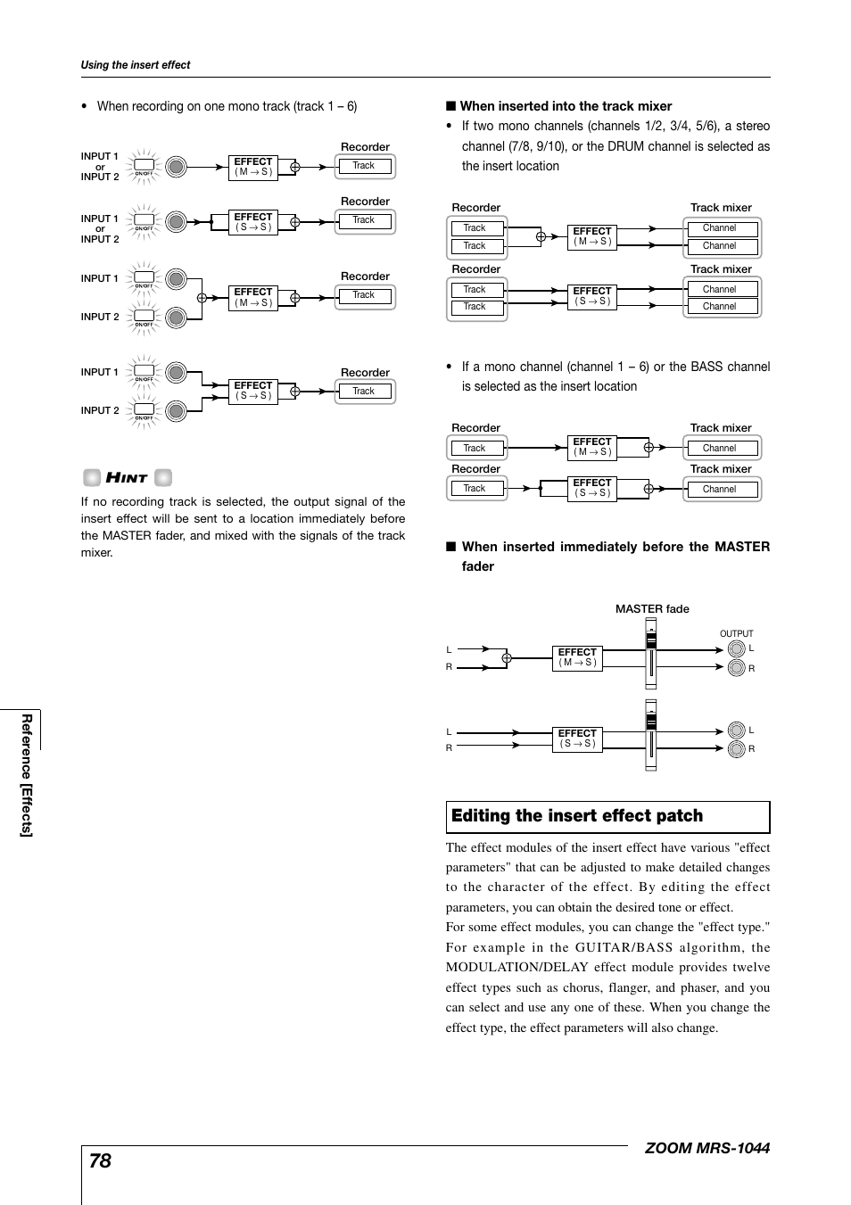 Editing the insert effect patch, Zoom mrs-1044 | Zoom MRS-1044 User Manual | Page 78 / 120
