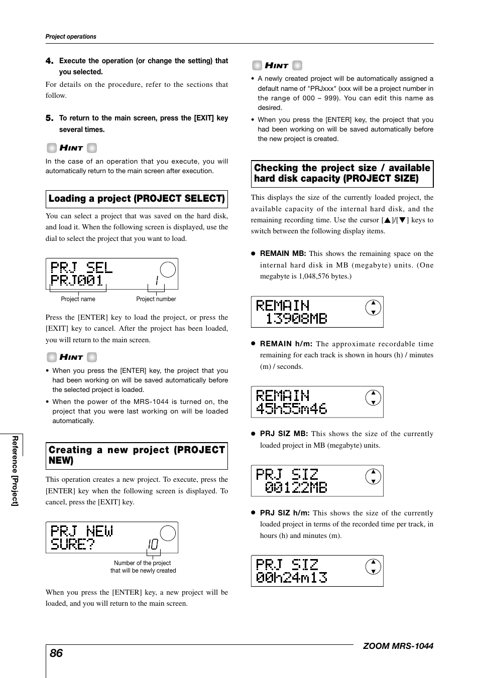 Creating a new project (project new), Loading a project (project select) | Zoom MRS-1044 User Manual | Page 86 / 120