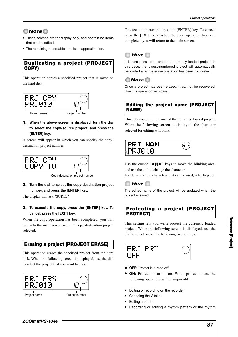Editing the project name (project name), Erasing a project (project erase), Duplicating a project (project copy) | Zoom MRS-1044 User Manual | Page 87 / 120