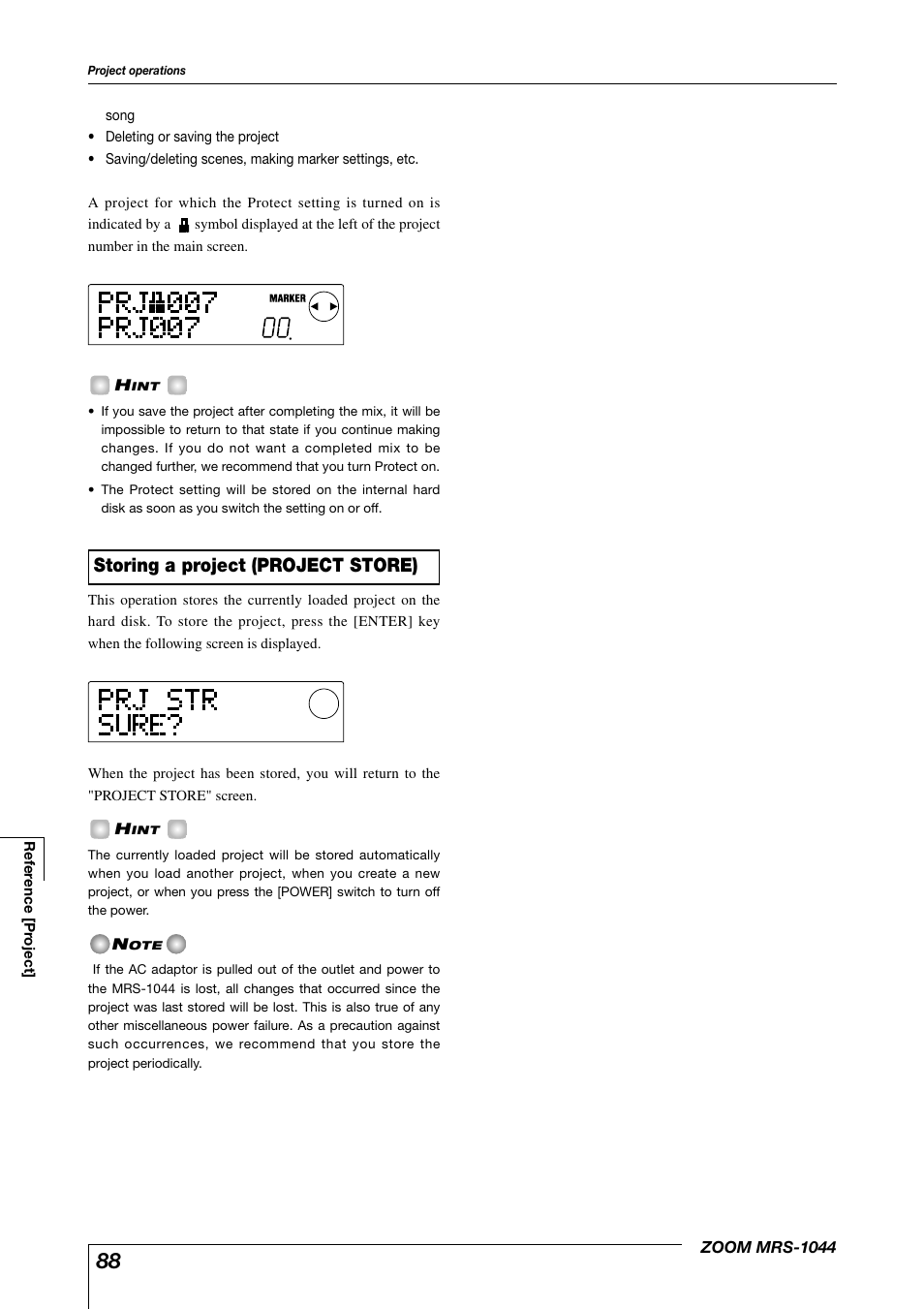 Storing a project (project store) | Zoom MRS-1044 User Manual | Page 88 / 120