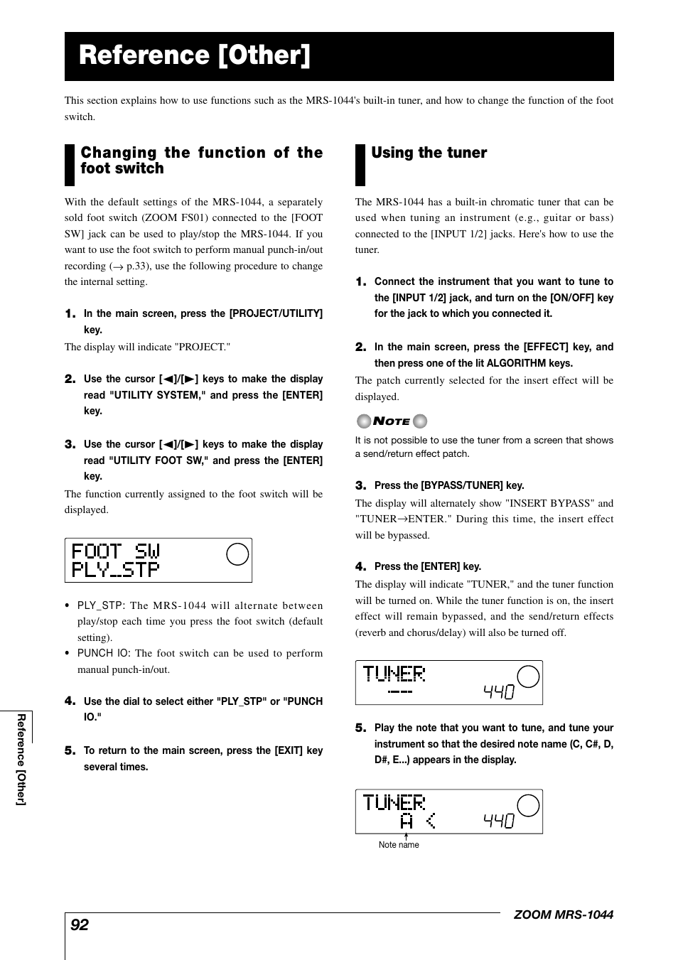 Reference [other, Changing the function of the foot switch, Using the tuner | Zoom MRS-1044 User Manual | Page 92 / 120