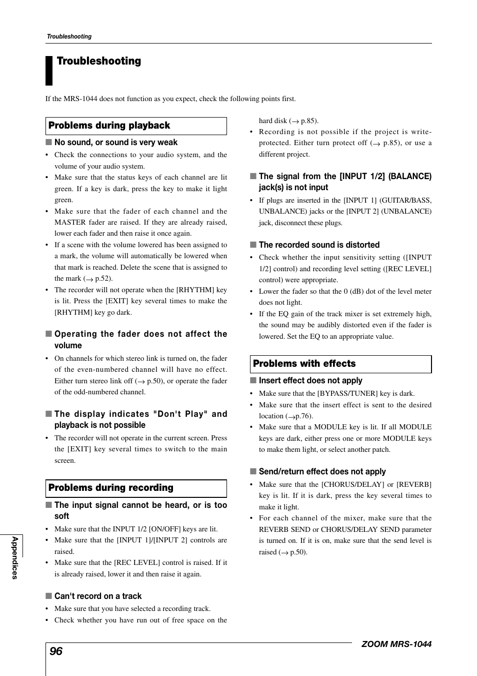 Troubleshooting | Zoom MRS-1044 User Manual | Page 96 / 120