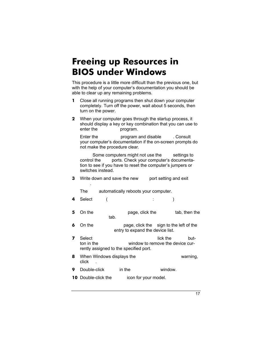 Freeing up resources in bios under windows | Zoom 3035 User Manual | Page 17 / 33