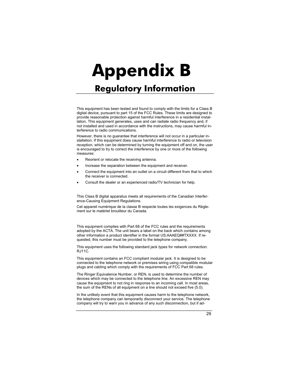 U.s. fcc part 15 emissions statement, Industry canada emissions statement, U.s. fcc part 68 statement | Appendix b, Regulatory information | Zoom 3035 User Manual | Page 29 / 33