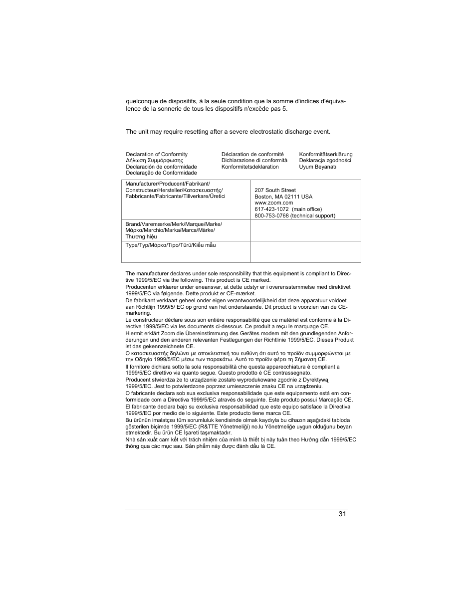 Electrostatic discharge statement, Declaration of conformity, Conexant/zoom pcie v.92 modem | Zoom 3035 User Manual | Page 31 / 33
