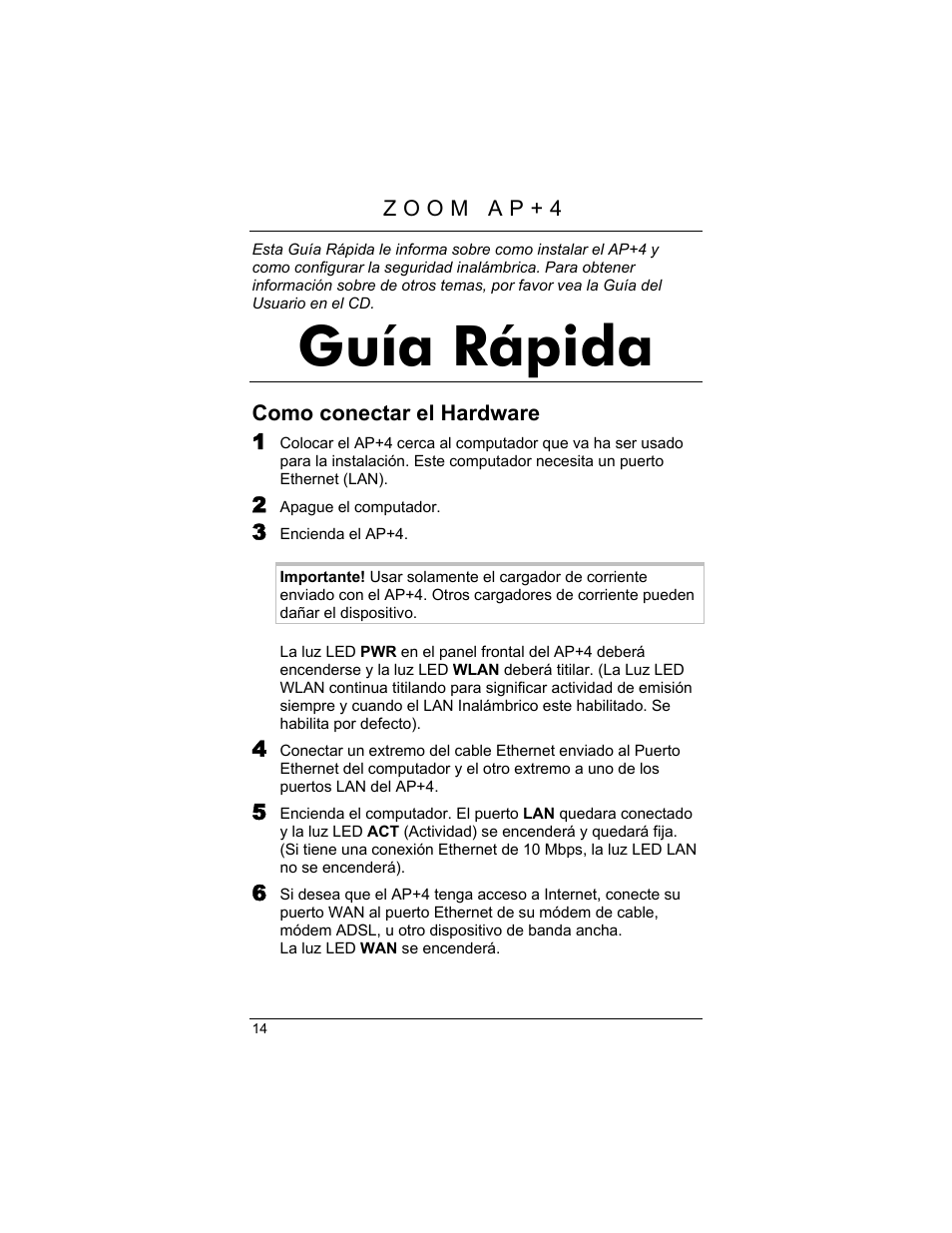 Como conectar el hardware, Guía rápida | Zoom AP+4 4401A User Manual | Page 14 / 24
