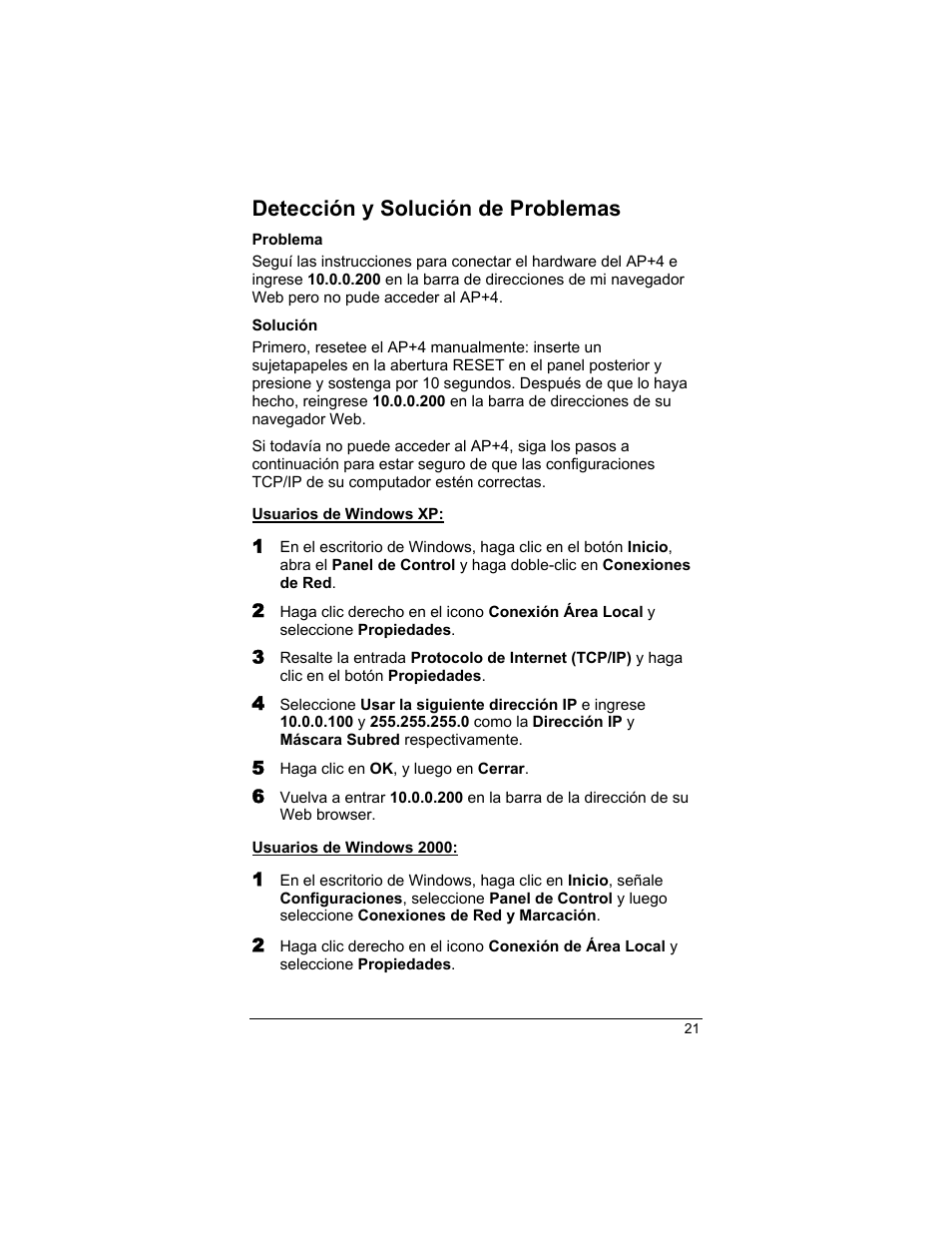 Detección y solución de problemas, Problema, Solución | Usuarios de windows 2000 | Zoom AP+4 4401A User Manual | Page 21 / 24