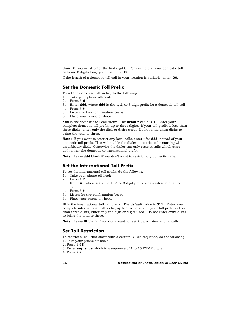 Set the domestic toll prefix, Set the international toll prefix, Set toll restriction | Zoom Dialer 27 User Manual | Page 14 / 24