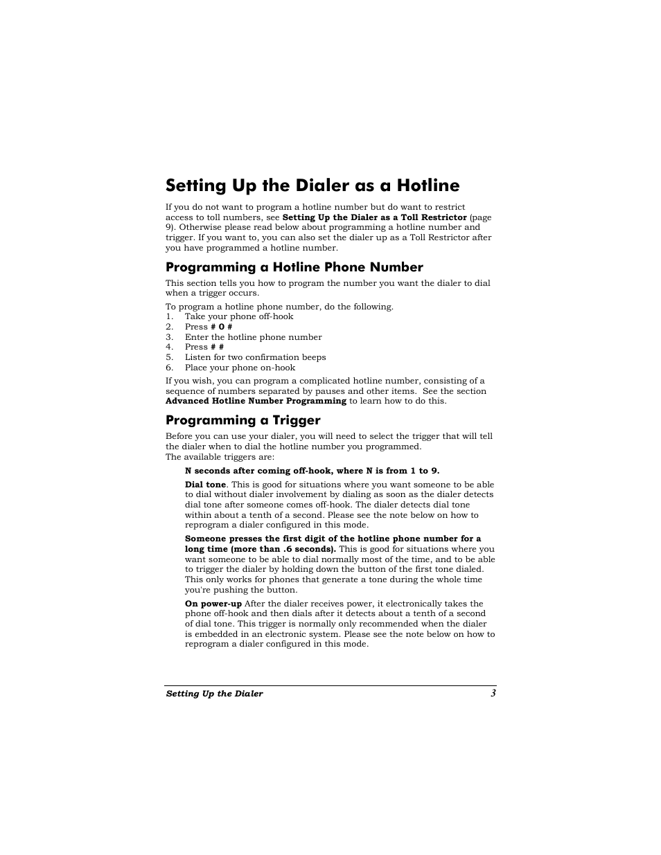 Programming a hotline phone number, Programming a trigger, Setting up the dialer as a hotline | Rogramming a, Otline, Hone, Umber, Rigger | Zoom Dialer 27 User Manual | Page 7 / 24