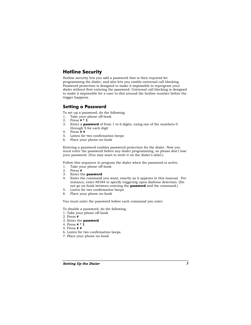 Hotline security, Setting a password, Otline | Ecurity | Zoom Dialer 27 User Manual | Page 9 / 24