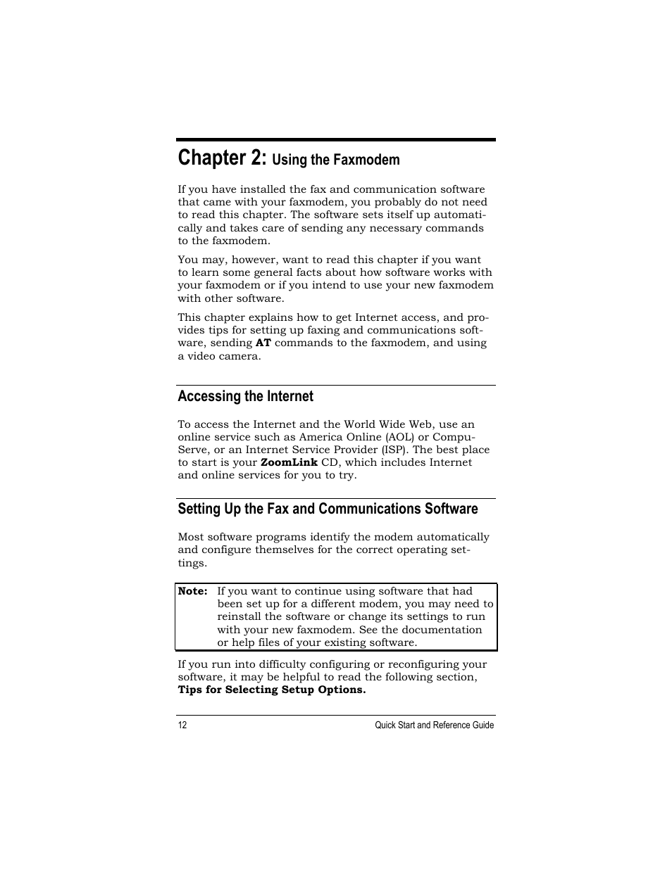 Chapter 2, Using the faxmodem, Accessing the internet | Setting up the fax and communications software | Zoom 27575 User Manual | Page 12 / 24