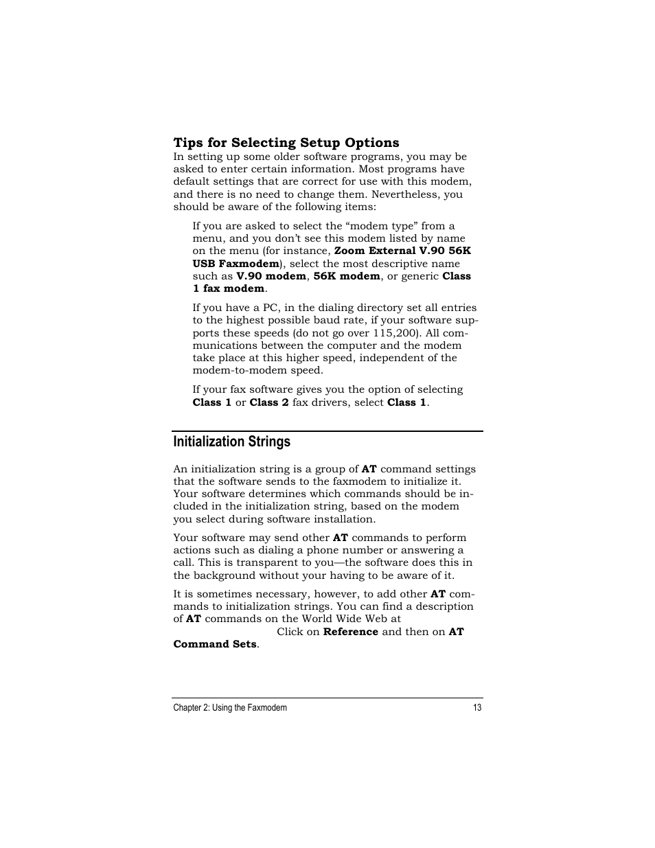 Initialization strings, Tips for selecting setup options | Zoom 27575 User Manual | Page 13 / 24