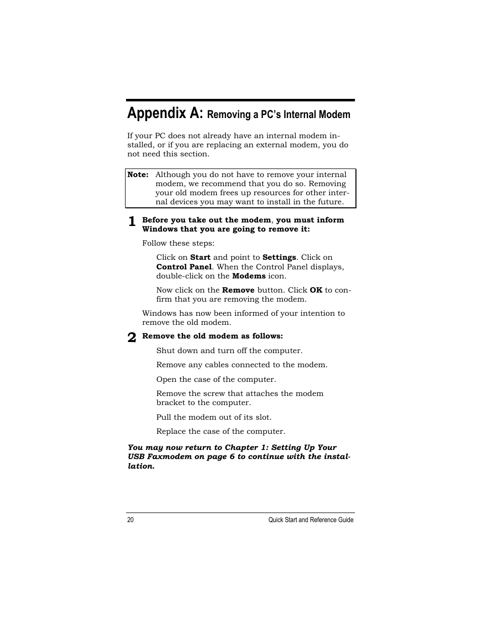 Appendix a, Removing a pc’s internal modem | Zoom 27575 User Manual | Page 20 / 24
