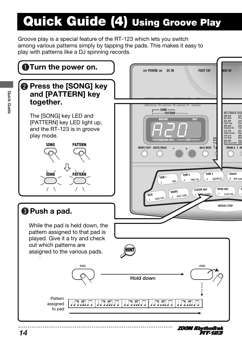 Quick guide (4), Using groove play, Push a pad | Hint, Hold down, Quick guide, Pattern assigned to pad | Zoom RT-123 User Manual | Page 14 / 72