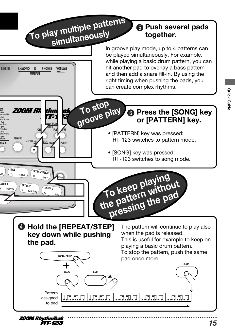 Press the [song] key or [pattern] key | Zoom RT-123 User Manual | Page 15 / 72