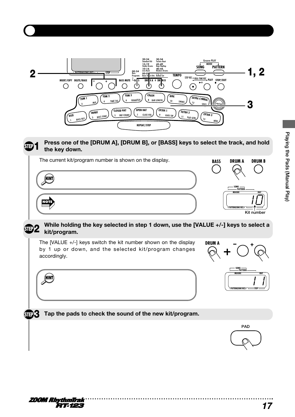 Selecting a kit/program for manual play, Step, Available drum kit types are printed on the panel | Zoom RT-123 User Manual | Page 17 / 72