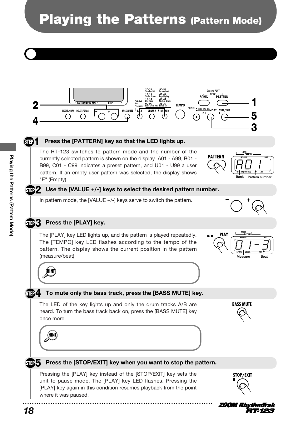 Playing the patterns, Pattern mode), Pattern play | Step, Press the [play] key | Zoom RT-123 User Manual | Page 18 / 72