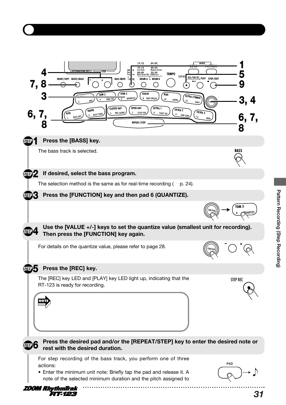 Step recording of a bass track, Step, Press the [bass] key. step | If desired, select the bass program. step, Press the [rec] key. step | Zoom RT-123 User Manual | Page 31 / 72