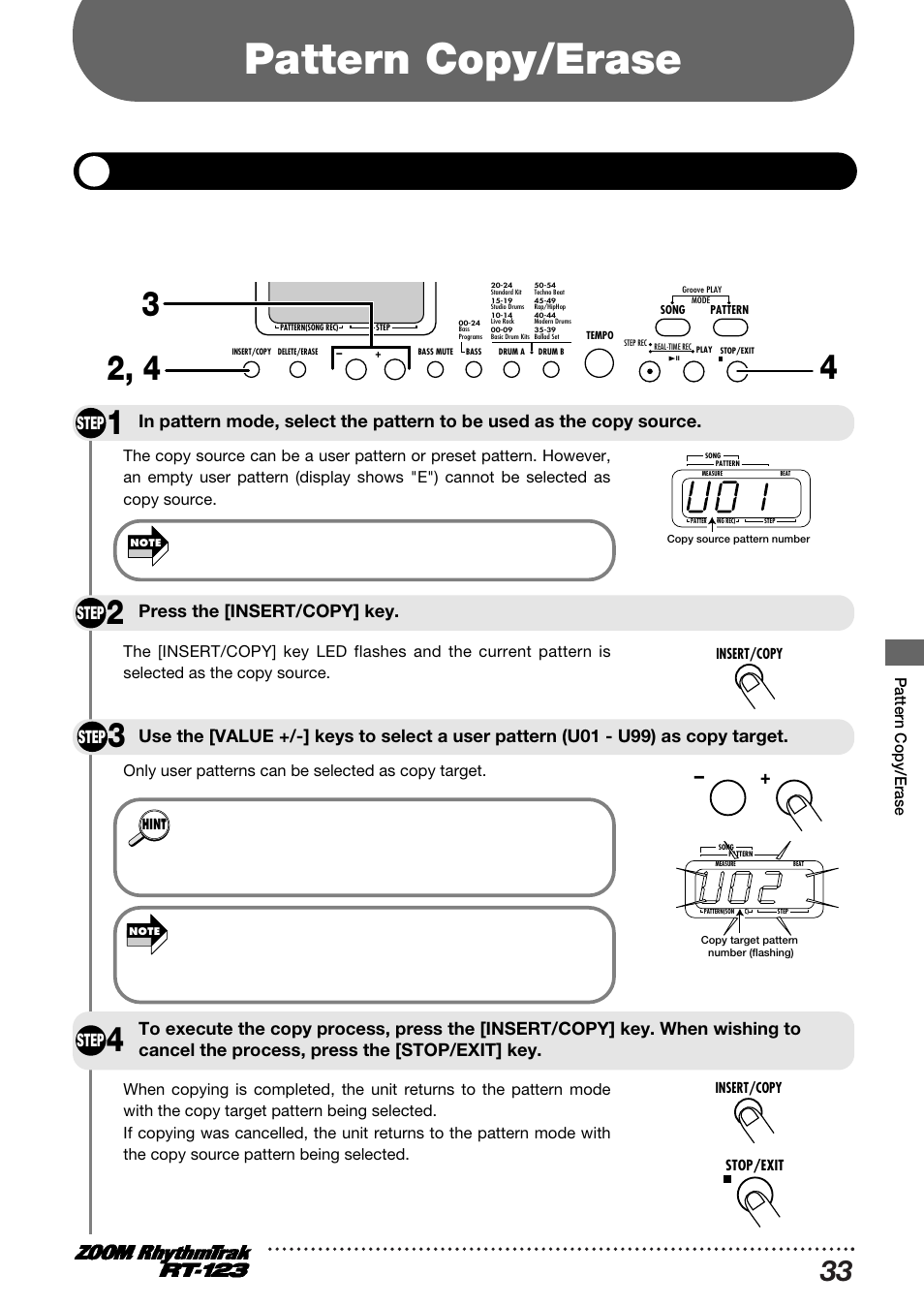 Pattern copy/erase, Copying a pattern, Step | Press the [insert/copy] key | Zoom RT-123 User Manual | Page 33 / 72
