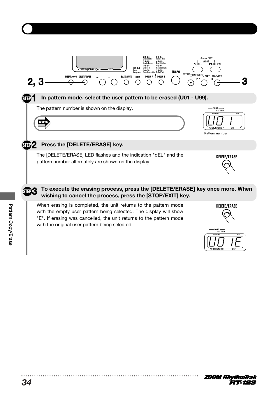 Erasing a pattern, Step | Zoom RT-123 User Manual | Page 34 / 72