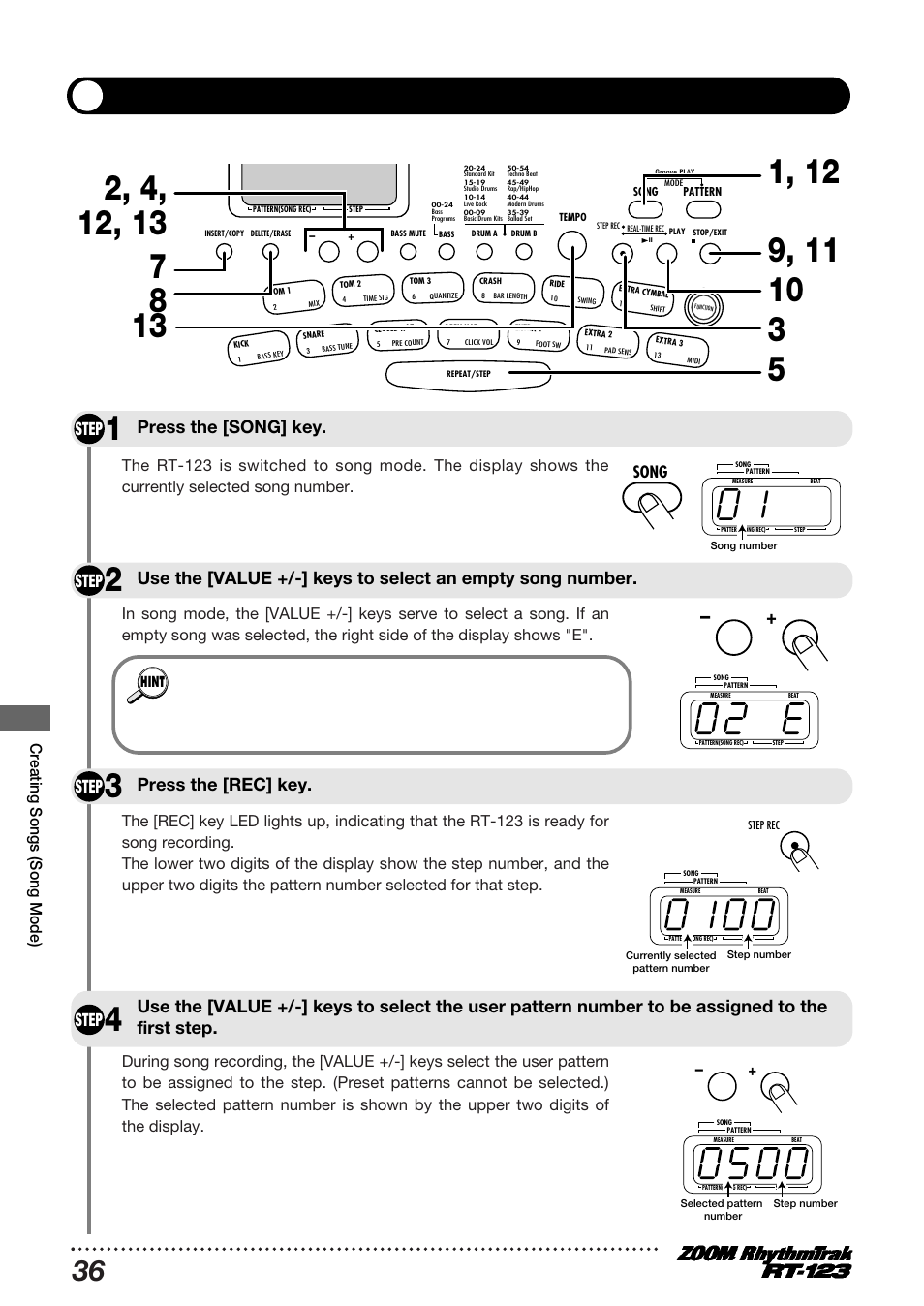 Recording and playing a song, Step, Press the [song] key | Press the [rec] key. step, Let's collect a number of patterns into a song, Creating songs (song mode), Song | Zoom RT-123 User Manual | Page 36 / 72