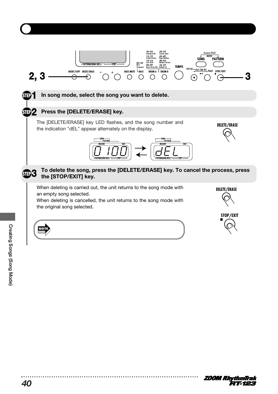Deleting a song, Step, Press the [delete/erase] key | Creating songs (song mode) | Zoom RT-123 User Manual | Page 40 / 72