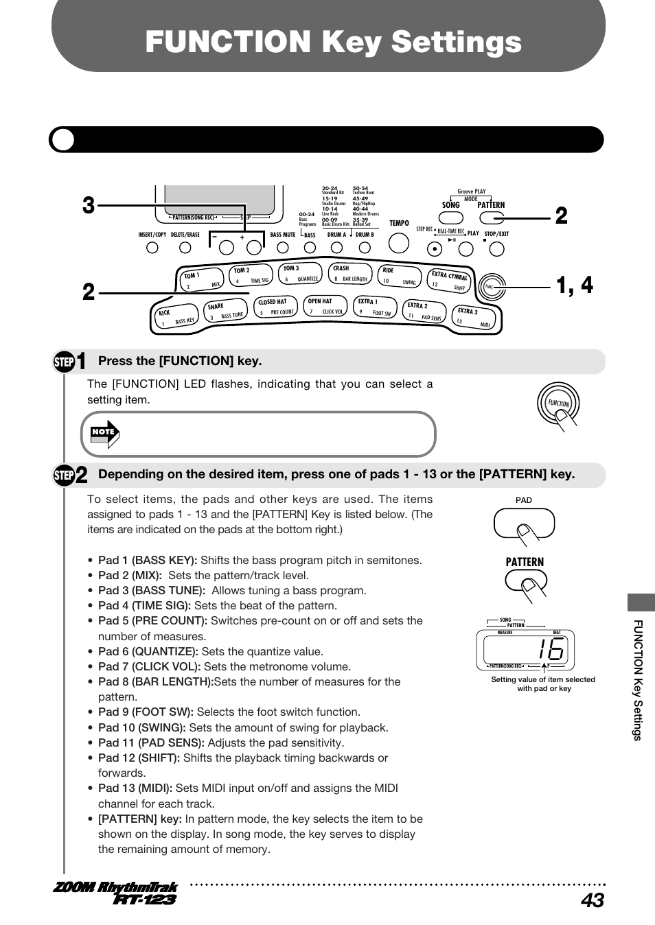 Basic [function] key operation steps, Step, Press the [function] key | Function key settings, Pattern | Zoom RT-123 User Manual | Page 43 / 72