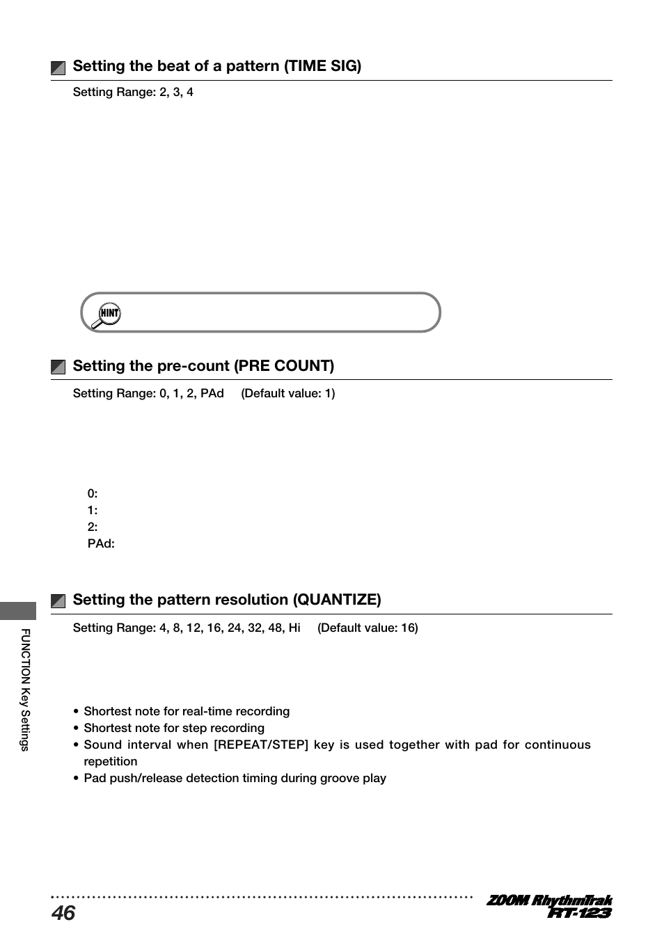 Setting the beat of a pattern (time sig) | Zoom RT-123 User Manual | Page 46 / 72