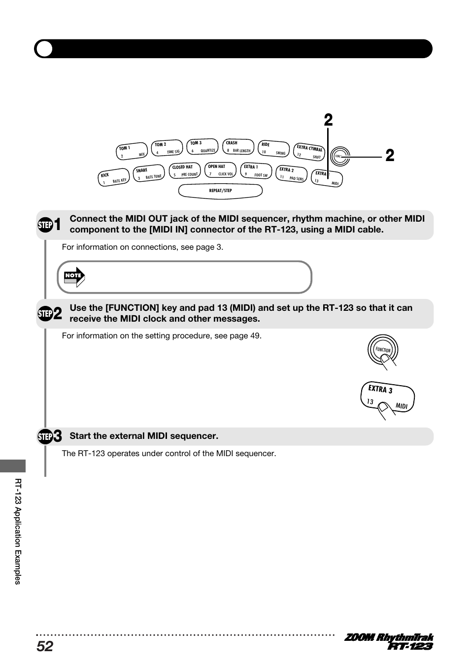 Synchronized midi operation, Step, Start the external midi sequencer | Rt-123 application examples | Zoom RT-123 User Manual | Page 52 / 72