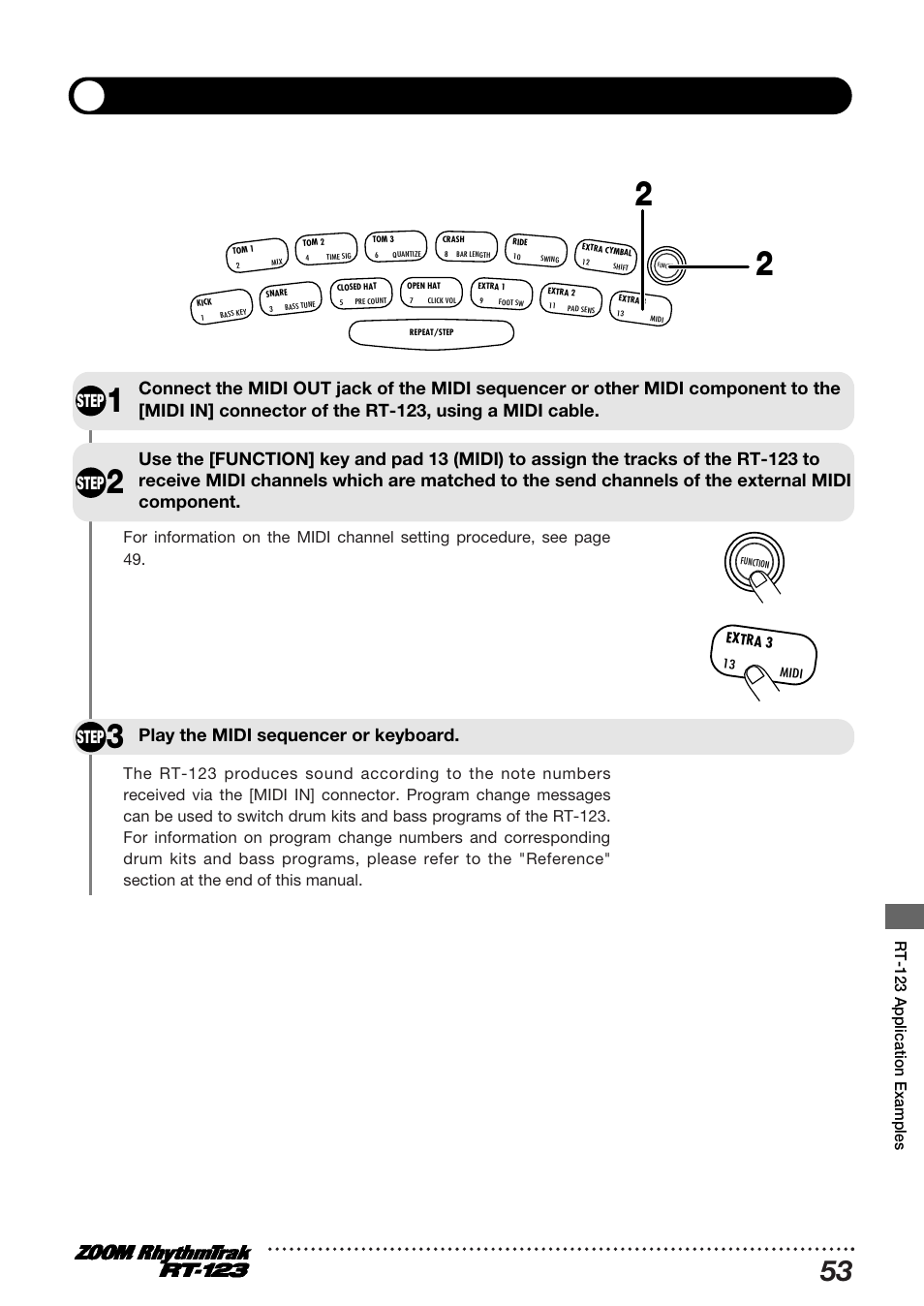 Using midi equipment to play the rt-123, Step, Play the midi sequencer or keyboard | Rt-123 application examples | Zoom RT-123 User Manual | Page 53 / 72