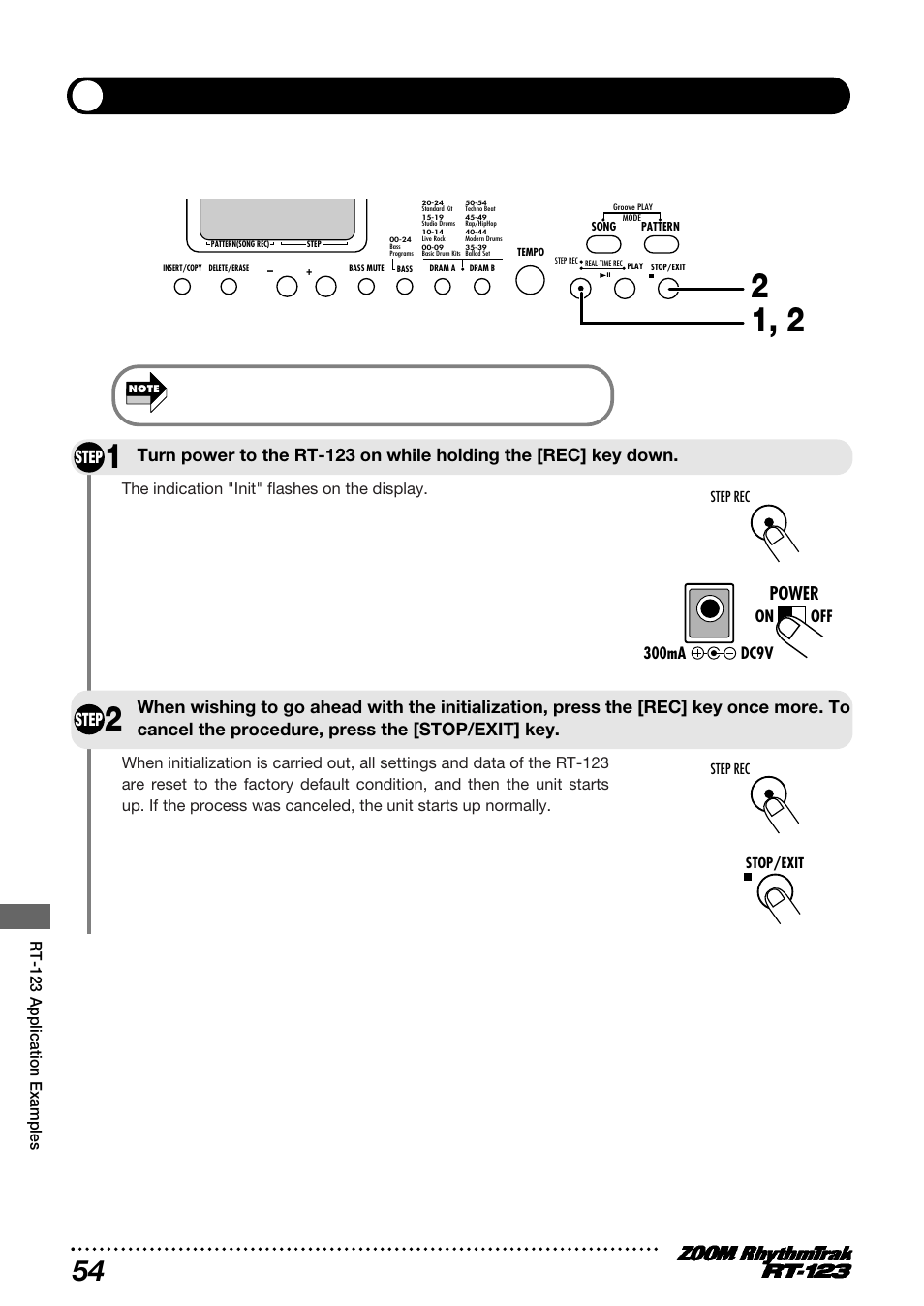 Step, Power, Rt-123 application examples | On off dc9v 300ma | Zoom RT-123 User Manual | Page 54 / 72