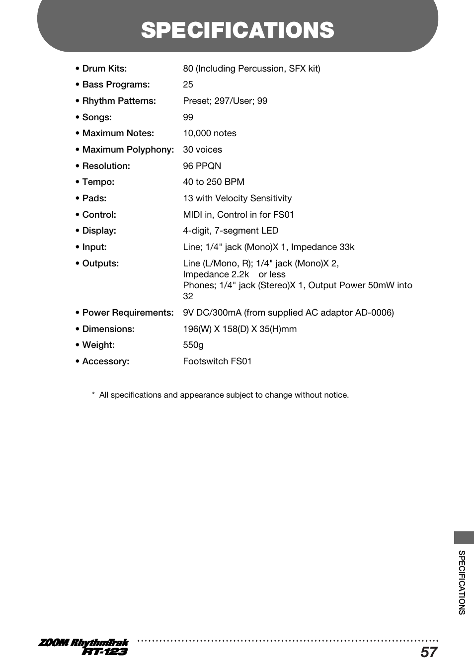 Specifications | Zoom RT-123 User Manual | Page 57 / 72