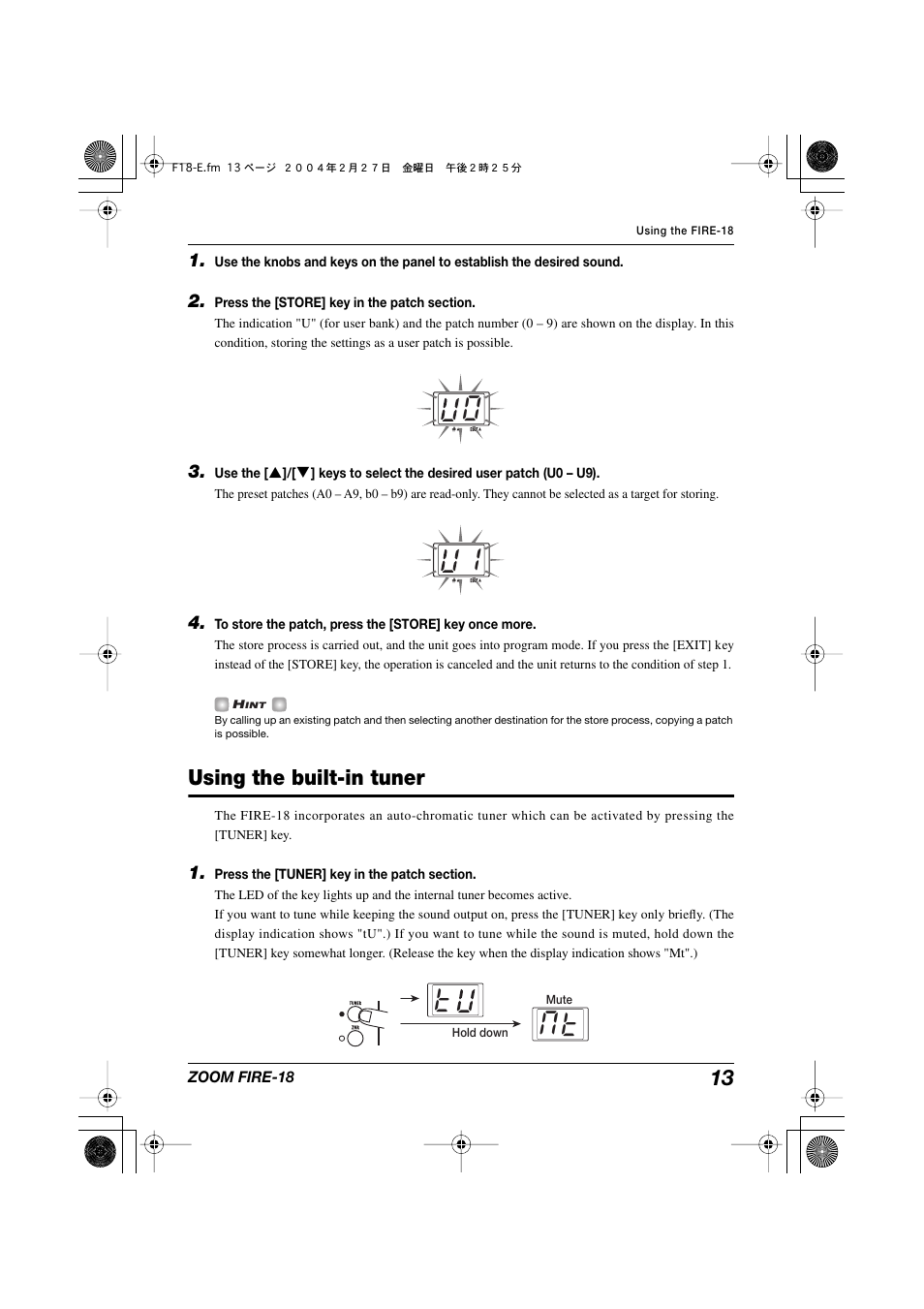01 t m t, Using the built-in tuner | Zoom FIRE-18 User Manual | Page 13 / 25