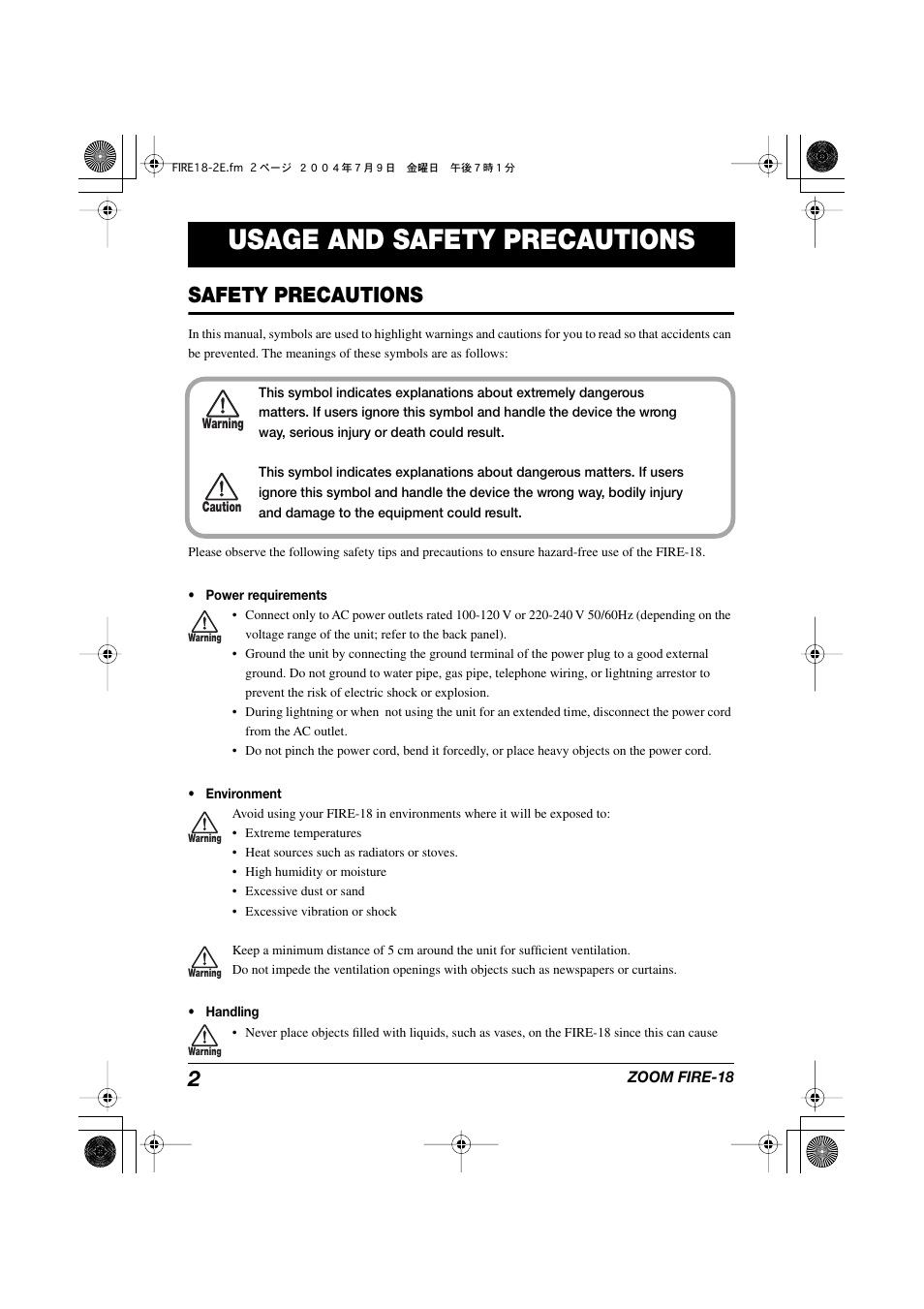 Usage and safety precautions, Safety precautions | Zoom FIRE-18 User Manual | Page 2 / 25